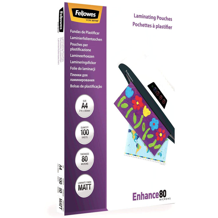 Fellowes A4 Laminating Pouches, Matt Finish, 100 Sheets, 160 Micron (2 x 80 Micron) High Quality Finish - Ideal for Photos and Notices