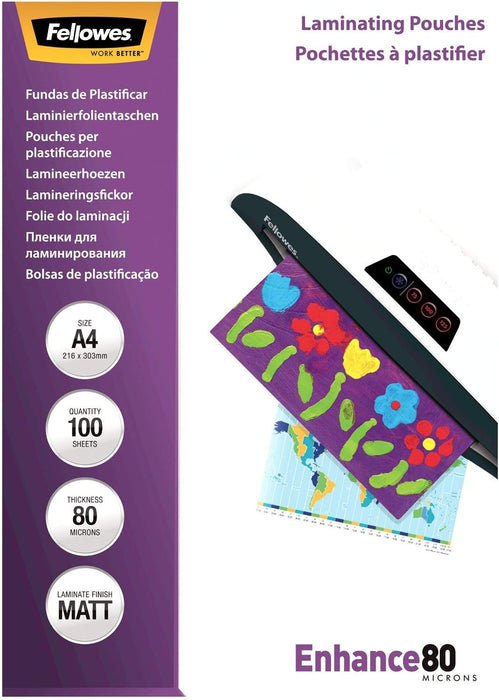 Fellowes A4 Laminating Pouches, Matt Finish, 100 Sheets, 160 Micron (2 x 80 Micron) High Quality Finish - Ideal for Photos and Notices