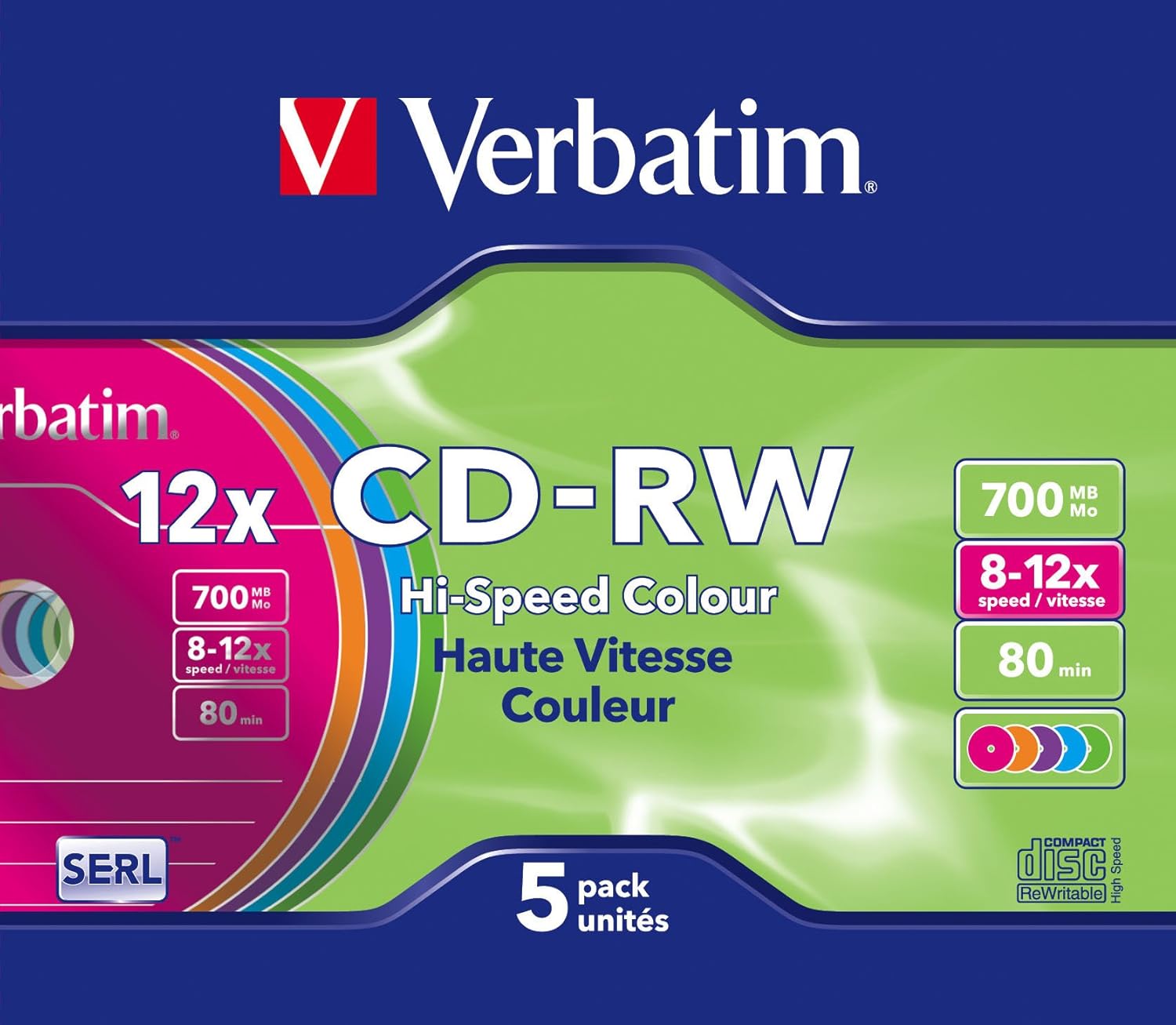 Verbatim CDRW-80 (8x-12xx) 5pk Slim Jewel Case - hi-speed coloured 5 Colours 1