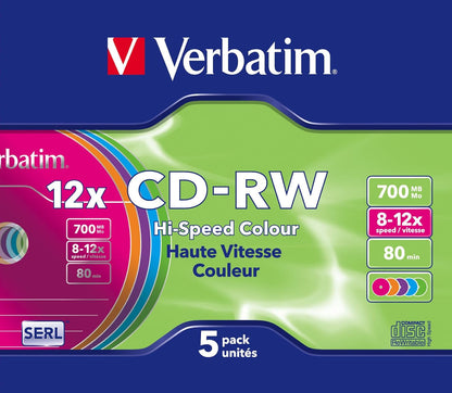 Verbatim CDRW-80 (8x-12xx) 5pk Slim Jewel Case - hi-speed coloured 5 Colours 1