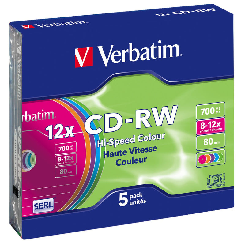 Verbatim CDRW-80 (8x-12xx) 5pk Slim Jewel Case - hi-speed coloured 5 Colours 1
