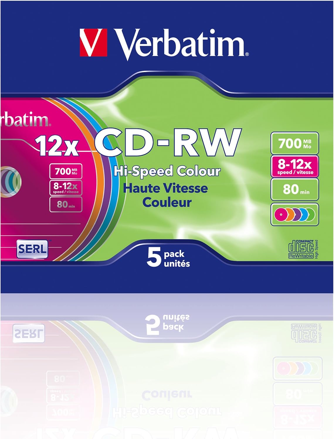Verbatim CDRW-80 (8x-12xx) 5pk Slim Jewel Case - hi-speed coloured 5 Colours 1