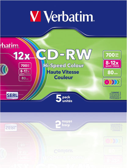 Verbatim CDRW-80 (8x-12xx) 5pk Slim Jewel Case - hi-speed coloured 5 Colours 1