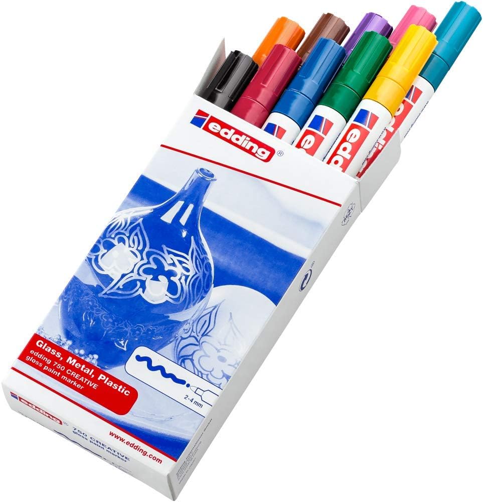 edding 750 gloss paint marker - multi-coloured - set of 10 paint markers - round nib 2-4 mm - paint pen for glass, pebbles, wood, plastic, paper - waterproof, high coverage