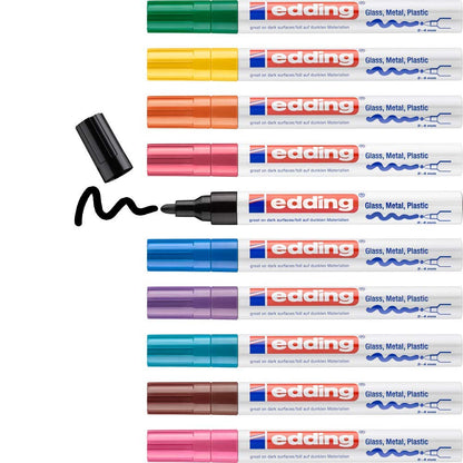 edding 750 gloss paint marker - multi-coloured - set of 10 paint markers - round nib 2-4 mm - paint pen for glass, pebbles, wood, plastic, paper - waterproof, high coverage