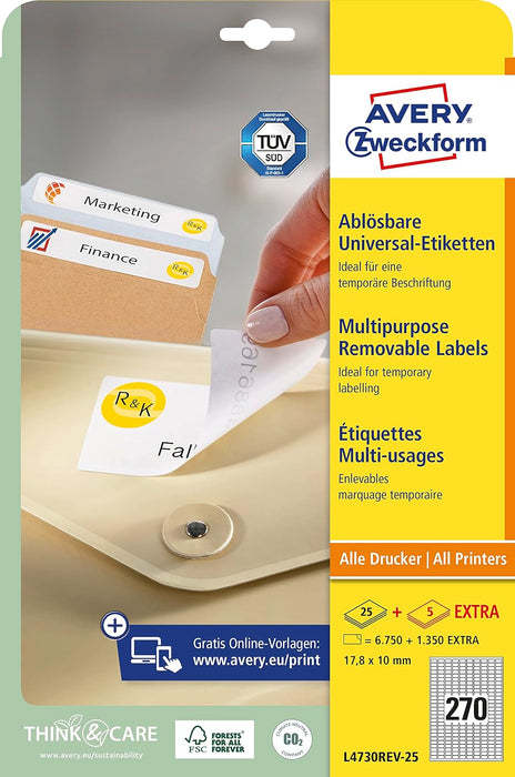 Avery Zweckform L4730REV-25 Universal Labels 17.8 x 10 mm 25 Sheets / 6750 Labels/White