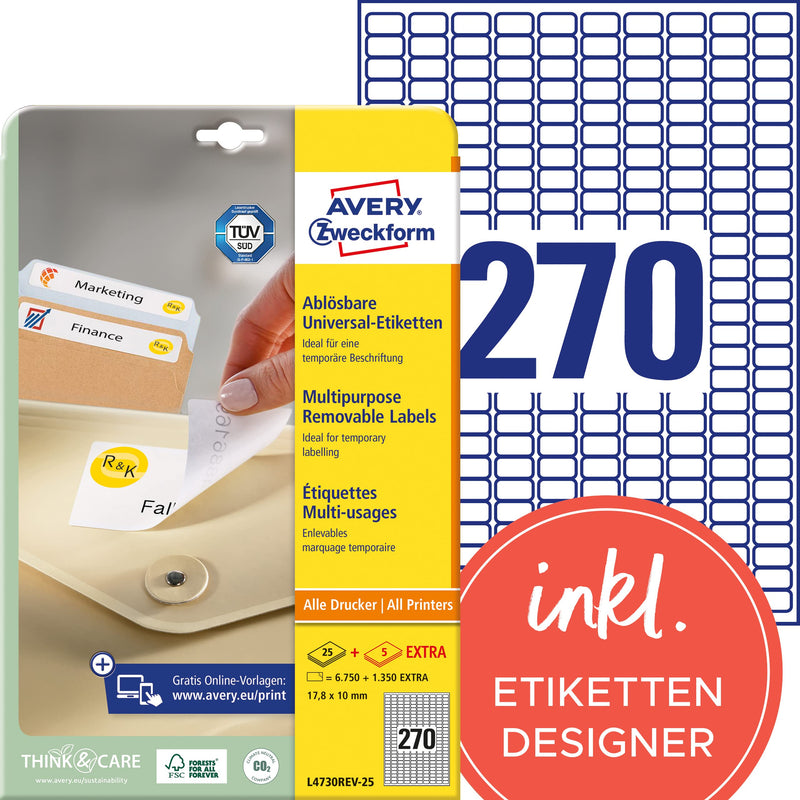 Avery Zweckform L4730REV-25 Universal Labels 17.8 x 10 mm 25 Sheets / 6750 Labels/White
