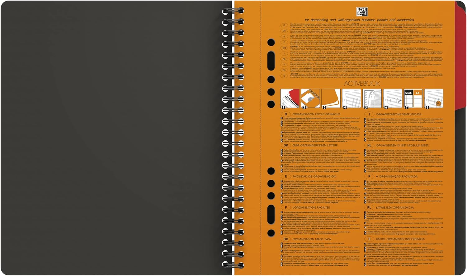 OXFORD 100102880 Activebook International A5 + checkered 10-hole perforated with offset tab and document pocket gray Spiral Notebook Collegeblock - clever organization for managers and executives
