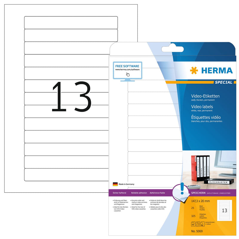 HERMA Self Adhesive VHS Video Cassette Rear Labels, 13 Labels Per A4 Sheet, 325 Labels For Printers, 147.3 x 20 mm (5069), White