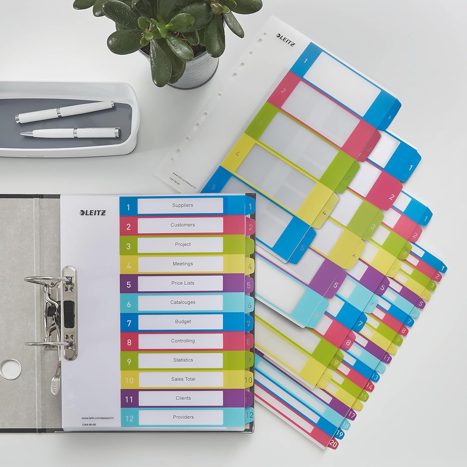 Leitz 1-20 Index, A4, PC Printable, Heavy Duty Plastic, Extra Wide, White/Multi-Coloured, WOW Range, 12450000