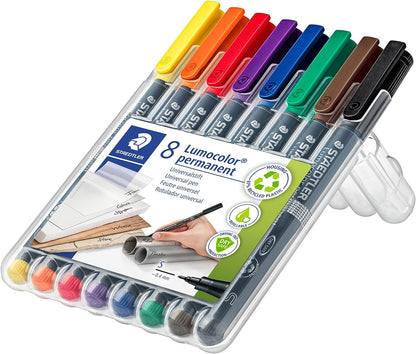 STAEDTLER 313 WP8 Lumocolor Permanent Pen, Superfine Line Width, 0.4mm - Assorted Colours (Pack of 8
