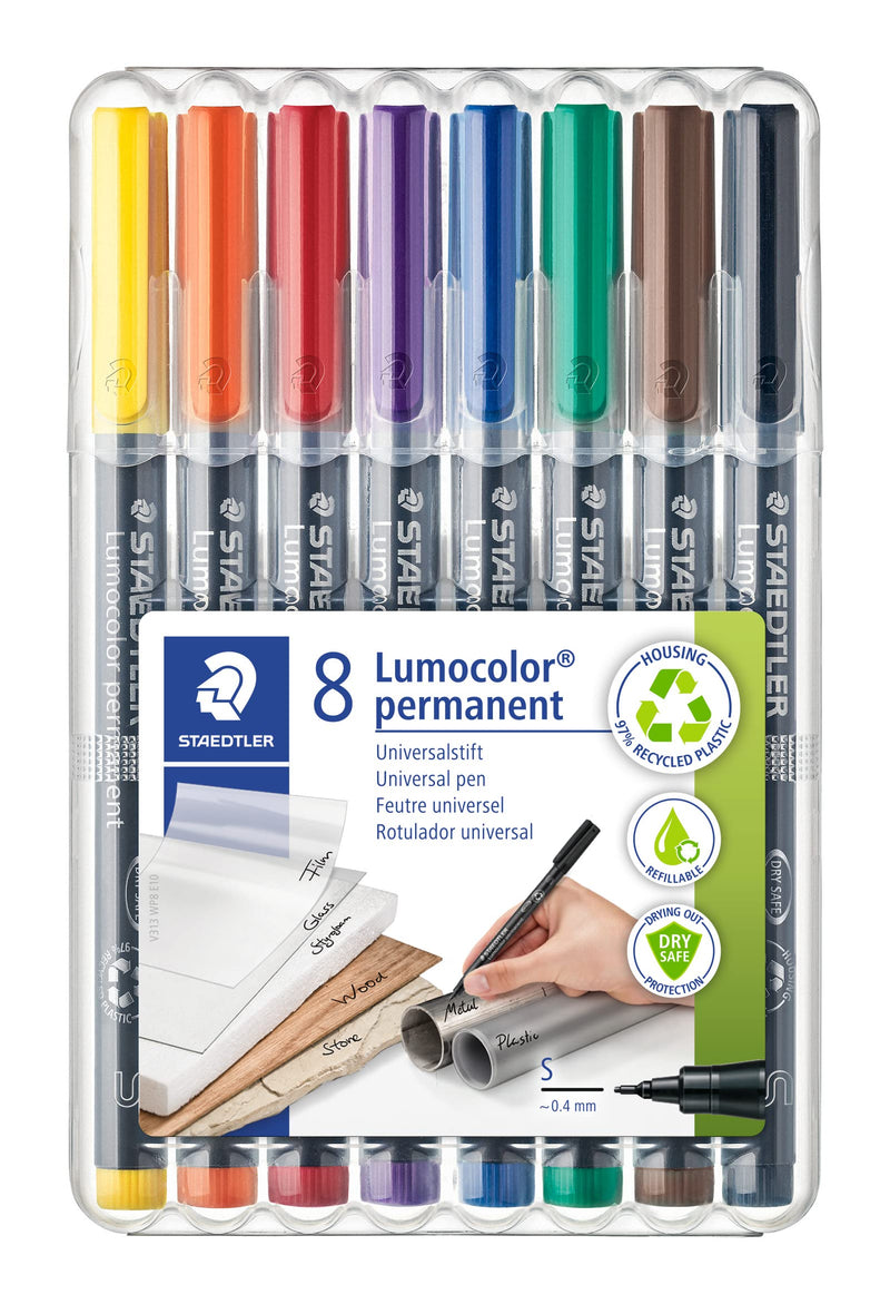 STAEDTLER 313 WP8 Lumocolor Permanent Pen, Superfine Line Width, 0.4mm - Assorted Colours (Pack of 8