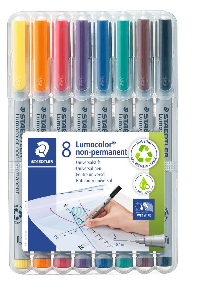 STAEDTLER 311 WP8 Lumocolor Non-Permanent Pen, Superfine Line Width, 0.4mm - Assorted Colours (Pack of 8