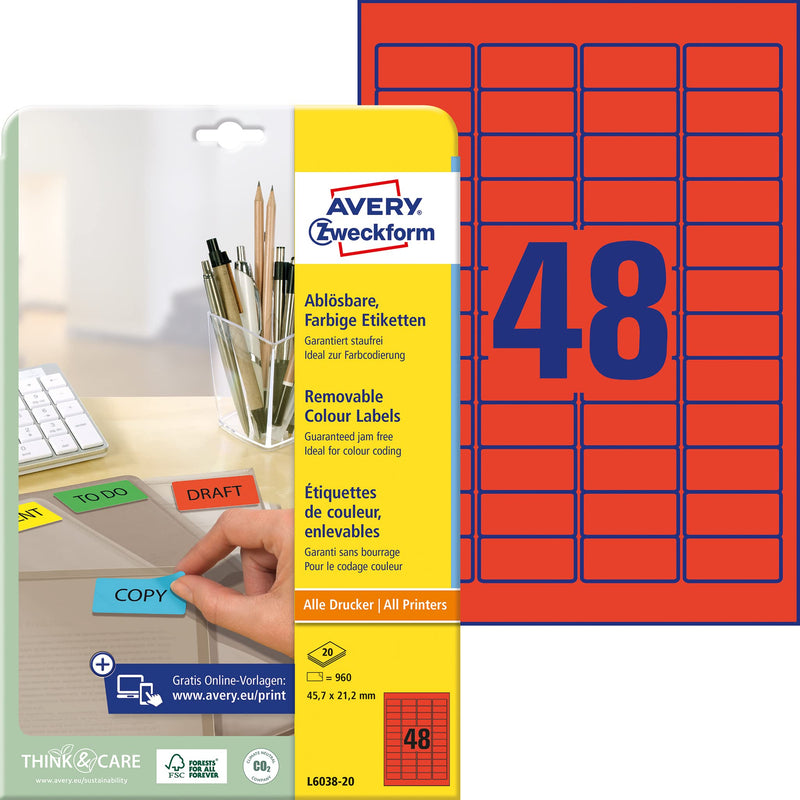 AVERY Zweckform L6038-20 Rote Etiketten (960 Aufkleber, 45,7x21,2mm auf A4, wieder rückstandsfrei ablösbar, selbstklebende Farbetiketten, Papier matt, bedruckbare, farbige Klebeetiketten) 20 Blatt