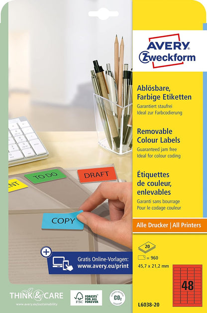 AVERY Zweckform L6038-20 Rote Etiketten (960 Aufkleber, 45,7x21,2mm auf A4, wieder rückstandsfrei ablösbar, selbstklebende Farbetiketten, Papier matt, bedruckbare, farbige Klebeetiketten) 20 Blatt
