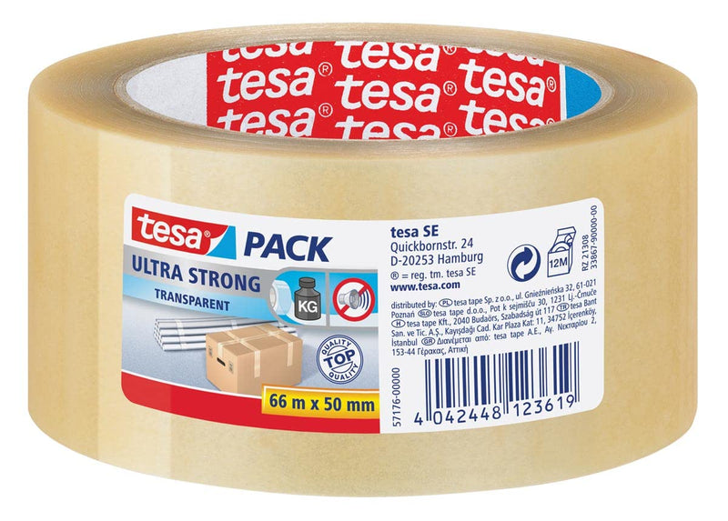 tesapack Ultra Strong - PVC Packing Tape for Solid Packaging and Secure Bundling - Transparent - 66 m x 50 mm
