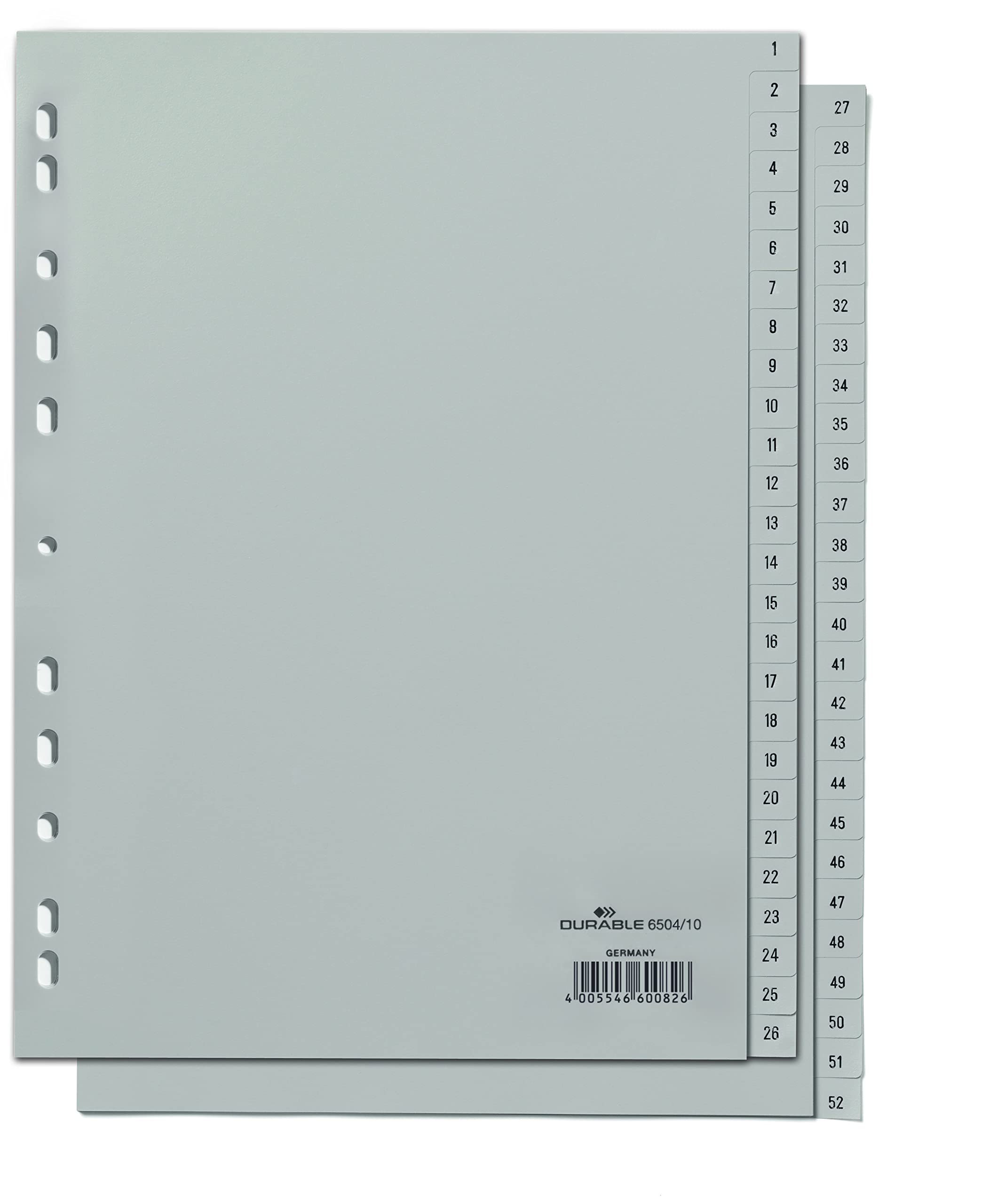 Durable 1-52 Polypropylene Index Dividers | A4 Portrait Full Covering | Pack of 1 Dividers | Grey | Made in Germany