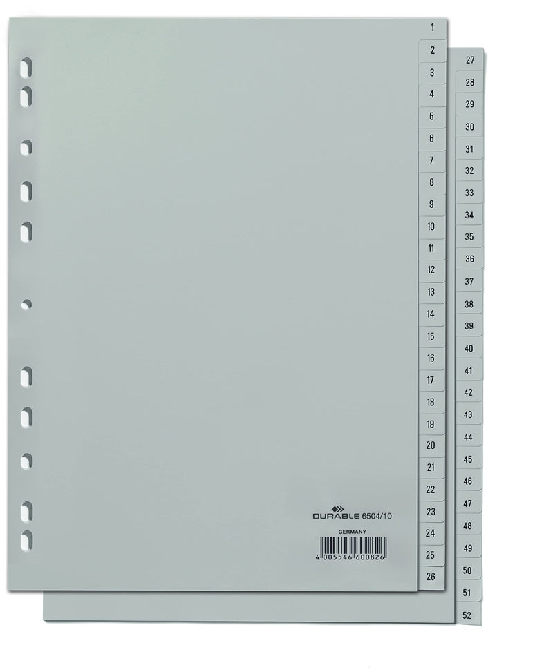 Durable 1-52 Polypropylene Index Dividers | A4 Portrait Full Covering | Pack of 1 Dividers | Grey | Made in Germany