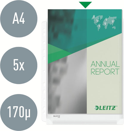 Leitz Premium Plastic Punched Pocket A4, Expanding, High Capacity 200 Sheets, 170 Micron PVC, Top Open, Pack of 5, 47563003