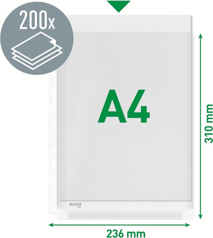 Leitz Premium Plastic Punched Pocket A4, Expanding, High Capacity 200 Sheets, 170 Micron PVC, Top Open, Pack of 5, 47563003