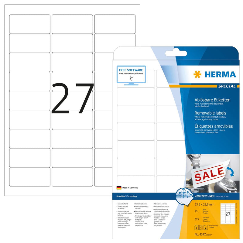 HERMA Self Adhesive Removable Multi-Purpose Labels, 27 Labels Per A4 Sheet, 675 Labels For Printers, Small, 63.5 x 29.6 mm (4347