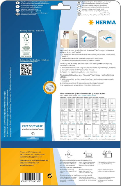 HERMA Self Adhesive Removable Multi-Purpose Labels, 27 Labels Per A4 Sheet, 675 Labels For Printers, Small, 63.5 x 29.6 mm (4347