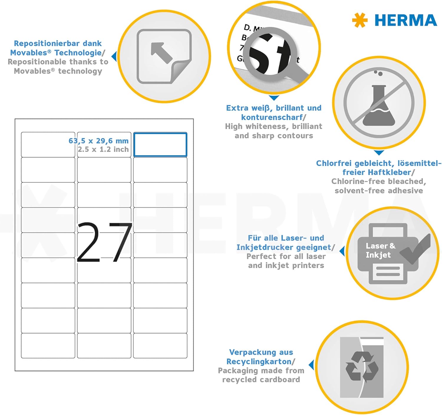 HERMA Self Adhesive Removable Multi-Purpose Labels, 27 Labels Per A4 Sheet, 675 Labels For Printers, Small, 63.5 x 29.6 mm (4347