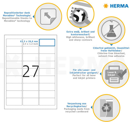 HERMA Self Adhesive Removable Multi-Purpose Labels, 27 Labels Per A4 Sheet, 675 Labels For Printers, Small, 63.5 x 29.6 mm (4347