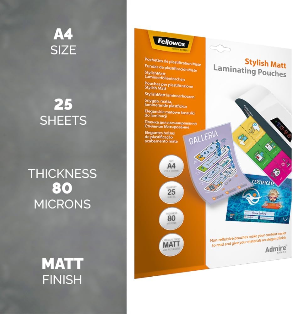 Fellowes A4 80 micras para plastificar de Admire elegante mate (Pack de 25