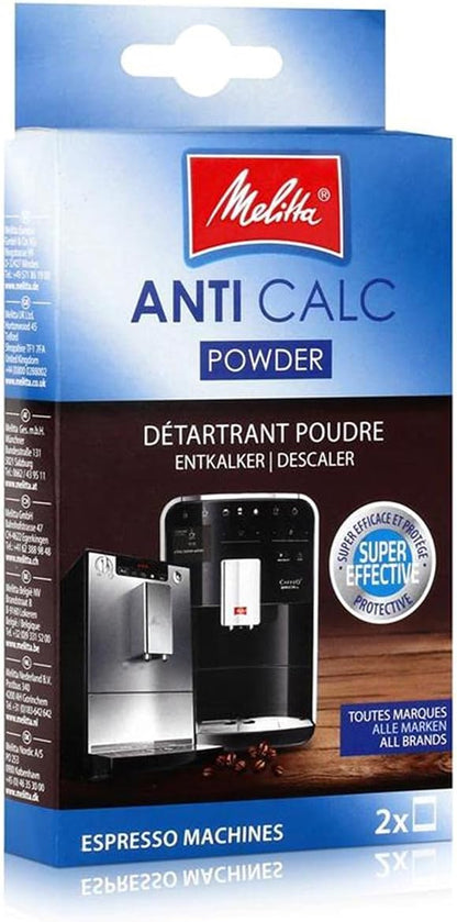 Melitta 178582 Entkalker Kaffeevollautomaten Anti Calc Espresso 2 Pulver Beutel je 40g (2x 40g), Verpackung kann variieren