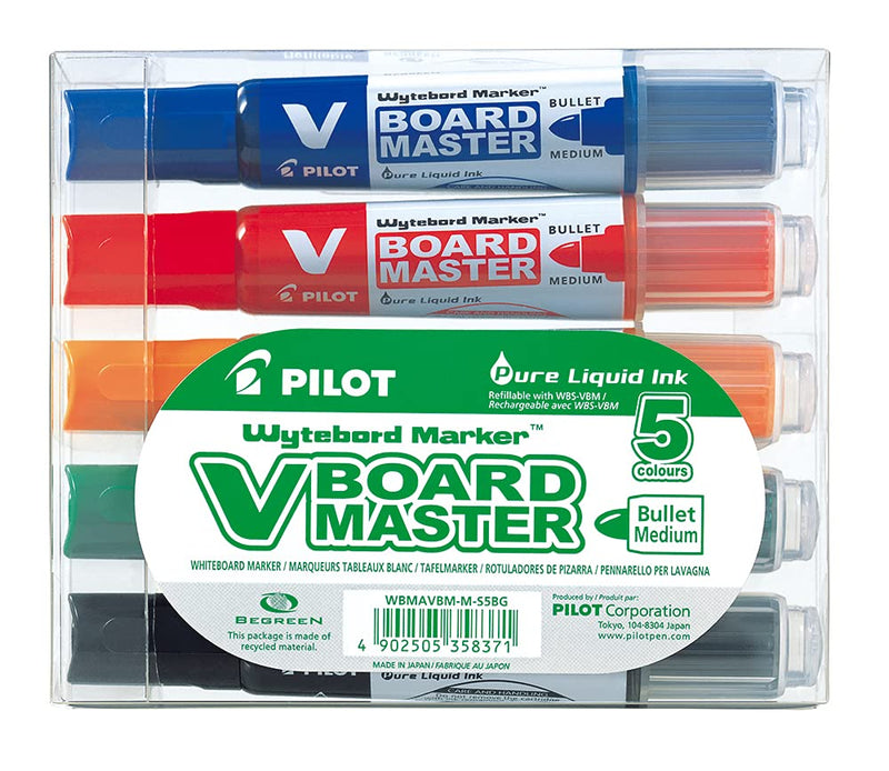 Pilot Begreen Recycled V Board Master Whiteboard Marker Bullet 6.0 mm Tip - Black/Red/Blue/Green/Orange, Wallet of 5