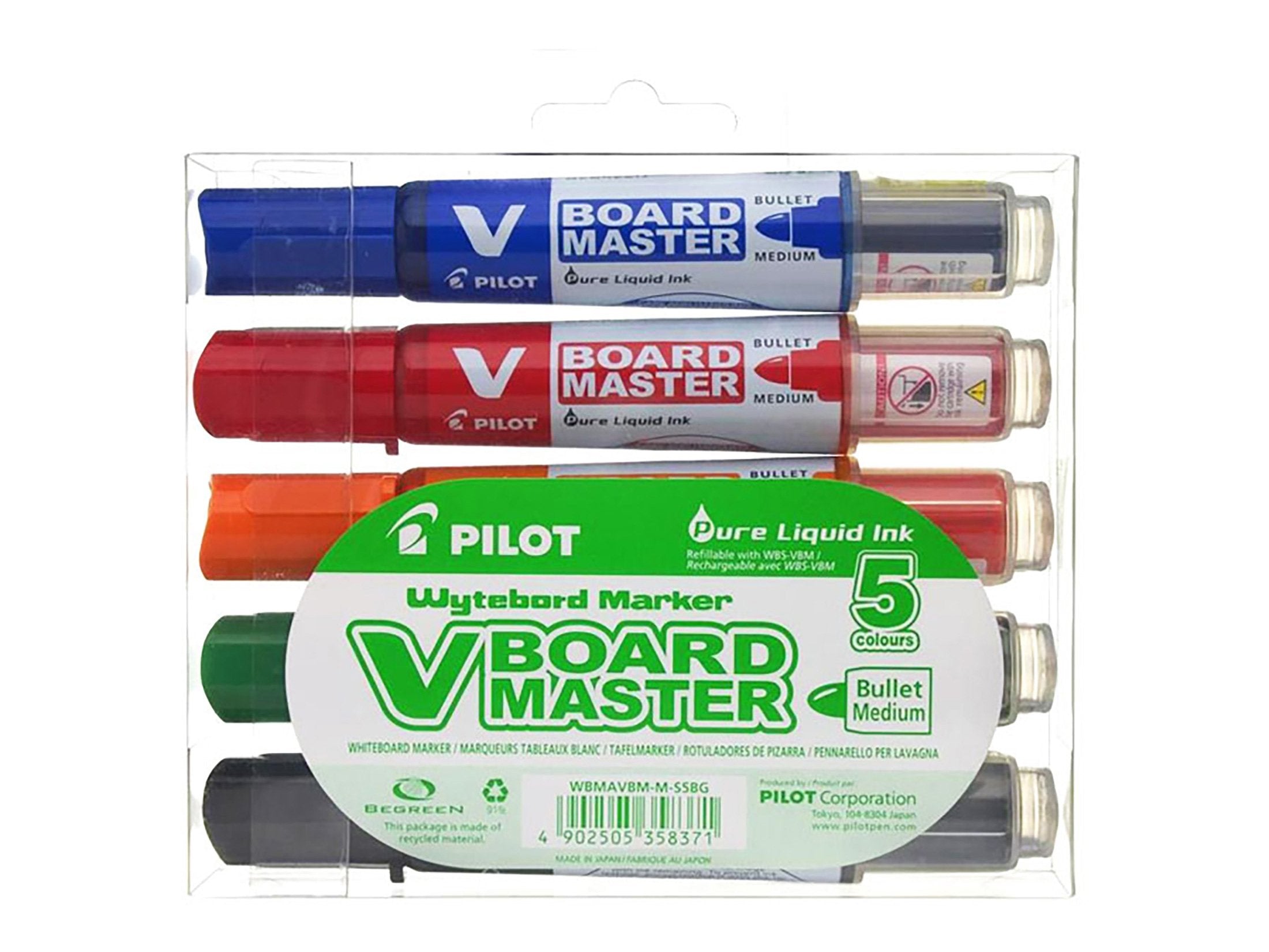 Pilot Begreen Recycled V Board Master Whiteboard Marker Bullet 6.0 mm Tip - Black/Red/Blue/Green/Orange, Wallet of 5