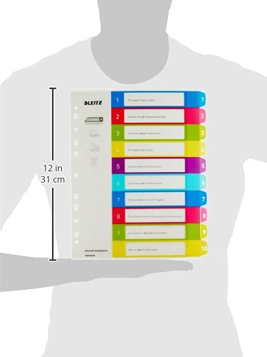 Leitz A4 12430000 Wow 1-10 Index, PC-Printable, Extra Wide, Heavy Duty Plastic, Multicoloured 1-10 Tabs