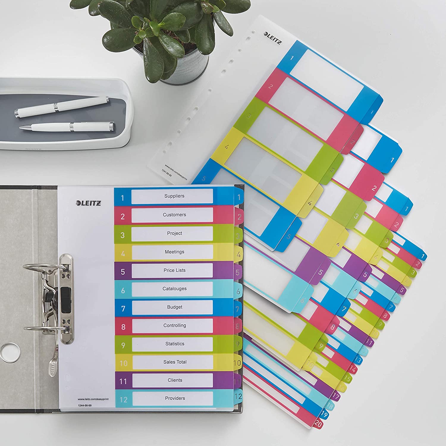 Leitz A4 12430000 Wow 1-10 Index, PC-Printable, Extra Wide, Heavy Duty Plastic, Multicoloured 1-10 Tabs