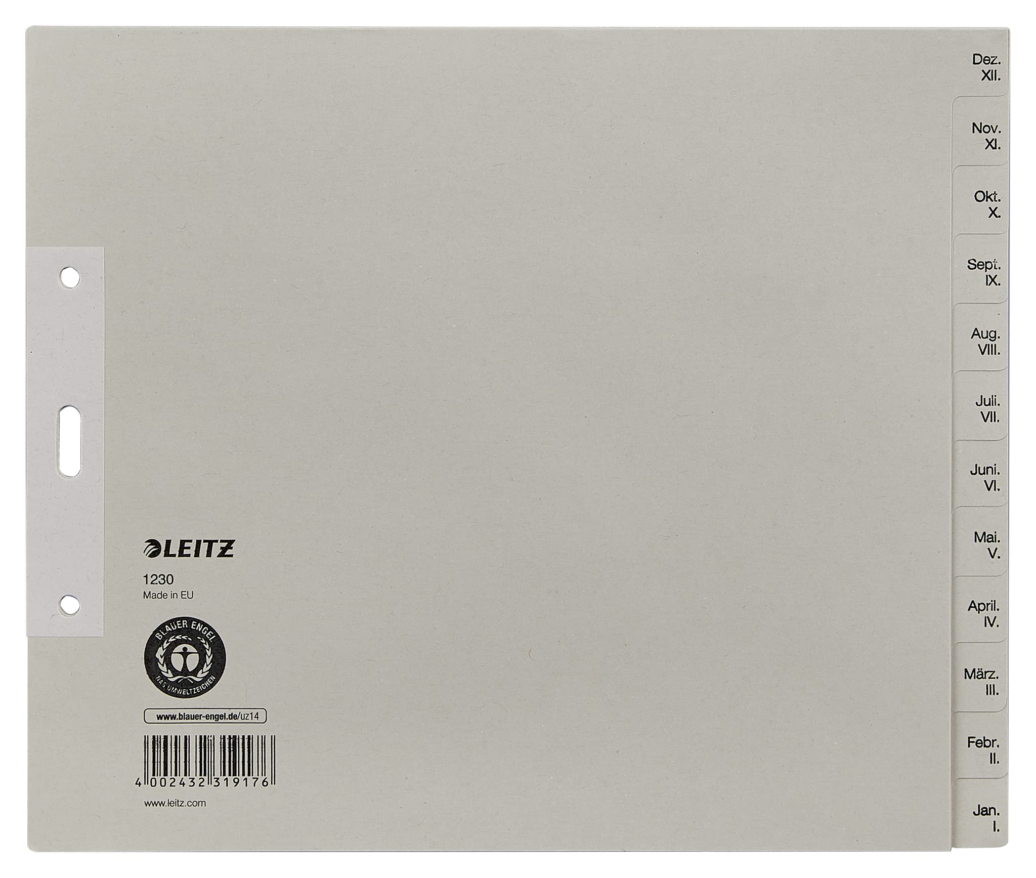 Leitz 12303085 Index Sheets A4 with Months Backwards from December to January Paper 12 Sheets Pack of 5 Grey (In German