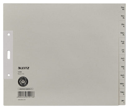 Leitz 12303085 Index Sheets A4 with Months Backwards from December to January Paper 12 Sheets Pack of 5 Grey (In German