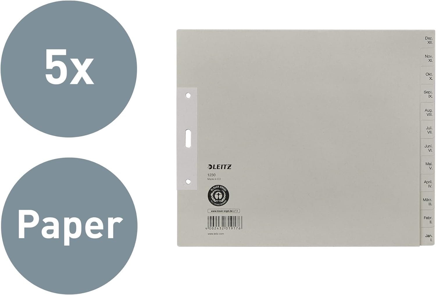 Leitz 12303085 Index Sheets A4 with Months Backwards from December to January Paper 12 Sheets Pack of 5 Grey (In German