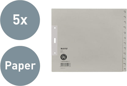 Leitz 12303085 Index Sheets A4 with Months Backwards from December to January Paper 12 Sheets Pack of 5 Grey (In German