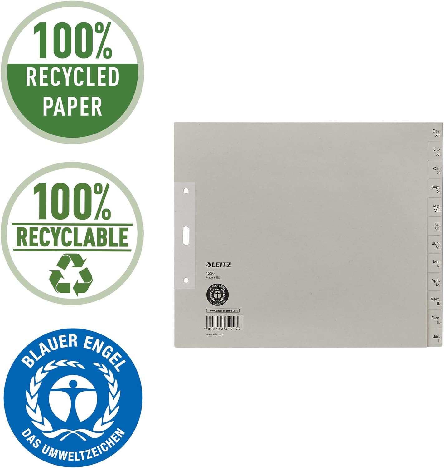 Leitz 12303085 Index Sheets A4 with Months Backwards from December to January Paper 12 Sheets Pack of 5 Grey (In German