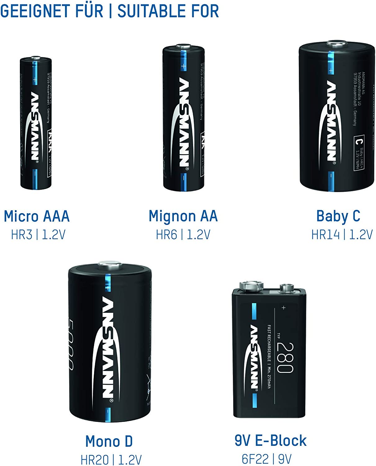 ANSMANN Battery charger for 1-4 AA, AAA, C or D + 1 x 9 V block batteries - NiMH battery charger with 4 charging programs: charging/discharging/testing/refreshing/safety shutdown for safe use