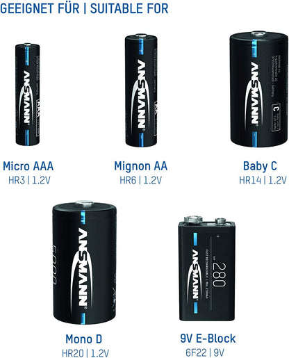 ANSMANN Battery charger for 1-4 AA, AAA, C or D + 1 x 9 V block batteries - NiMH battery charger with 4 charging programs: charging/discharging/testing/refreshing/safety shutdown for safe use