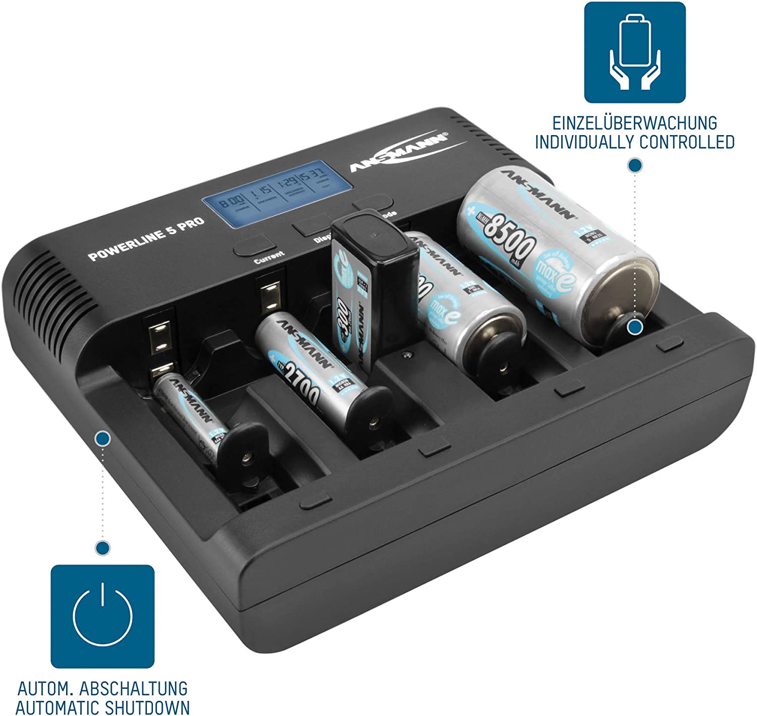ANSMANN Battery charger for 1-4 AA, AAA, C or D + 1 x 9 V block batteries - NiMH battery charger with 4 charging programs: charging/discharging/testing/refreshing/safety shutdown for safe use