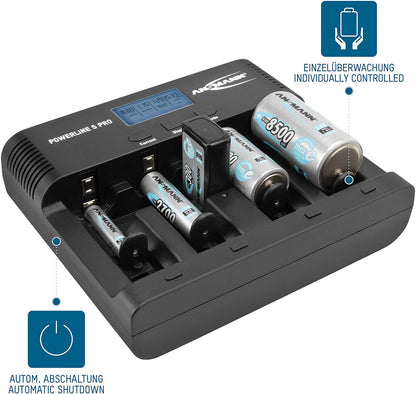 ANSMANN Battery charger for 1-4 AA, AAA, C or D + 1 x 9 V block batteries - NiMH battery charger with 4 charging programs: charging/discharging/testing/refreshing/safety shutdown for safe use