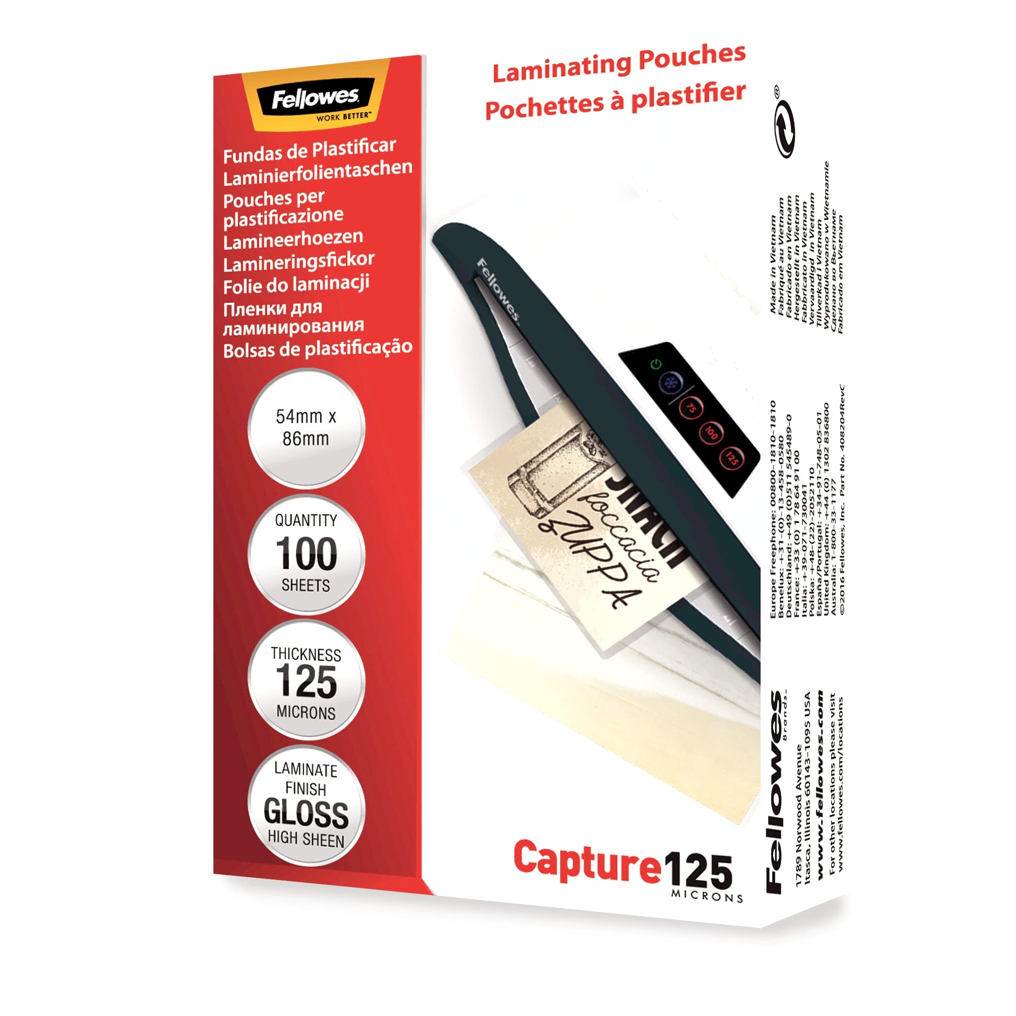 Fellowes Capture 54x86mm 125 Micron Glossy Laminating Pouches (Pack of 100), Clear (5306302