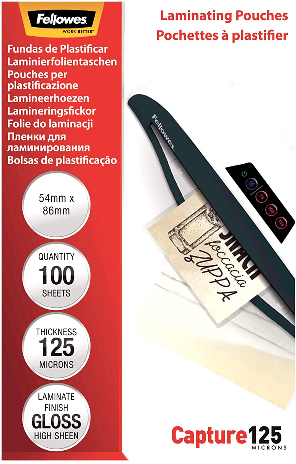 Fellowes Capture 54x86mm 125 Micron Glossy Laminating Pouches (Pack of 100), Clear (5306302