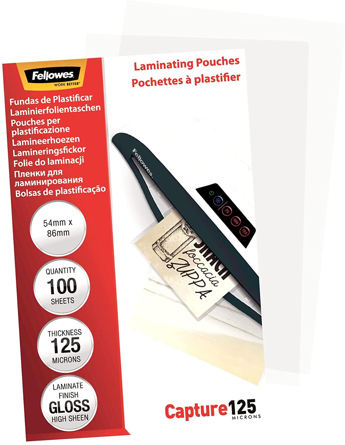 Fellowes Capture 54x86mm 125 Micron Glossy Laminating Pouches (Pack of 100), Clear (5306302