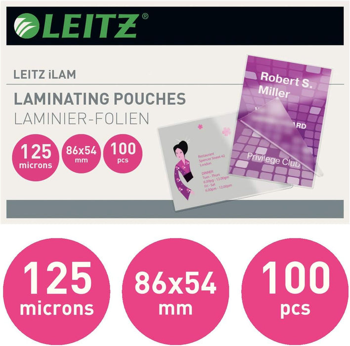 Leitz 33810 Laminating Pouches Made of 125 Micron Thick Material (Transparent, Glossy, Credit Card) - Pack of 100