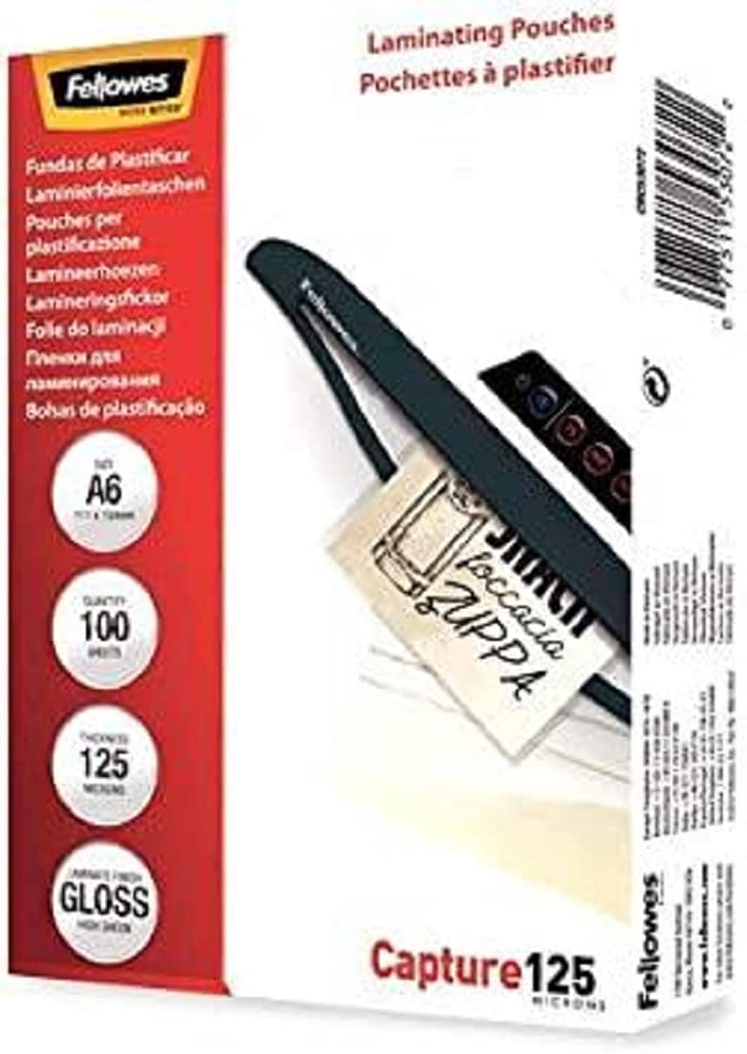 Fellowes Laminierfolien im Format A6, 125 Mikron (2 x 125 mic), glänzende Heißlaminierfolien, 100 Stück (Packung mit 2