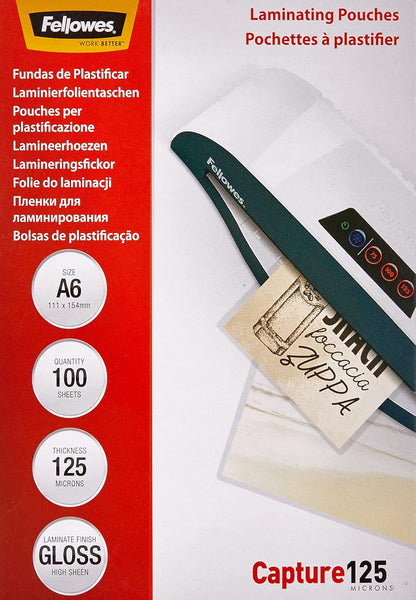 Fellowes Laminierfolien im Format A6, 125 Mikron (2 x 125 mic), glänzende Heißlaminierfolien, 100 Stück (Packung mit 2