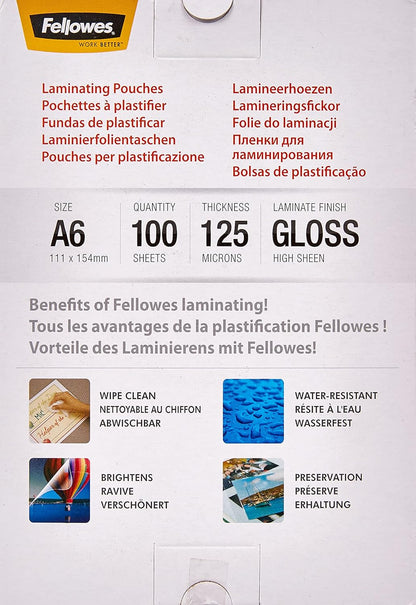 Fellowes Laminierfolien im Format A6, 125 Mikron (2 x 125 mic), glänzende Heißlaminierfolien, 100 Stück (Packung mit 2